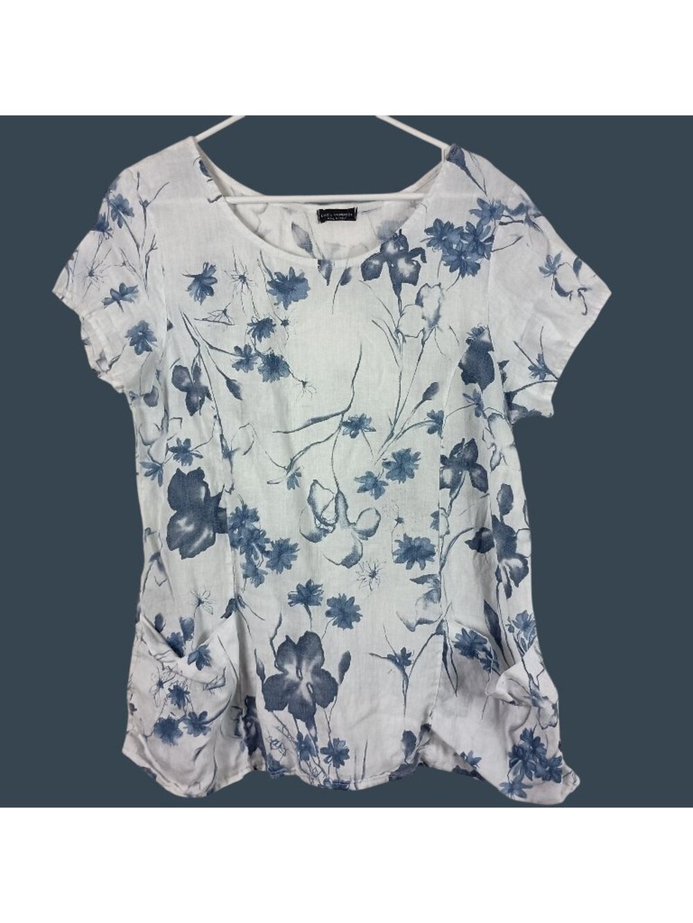 Luca Vanucci Linen Floral Tunic Top Womens M Blue White Italy Vacation Coastal